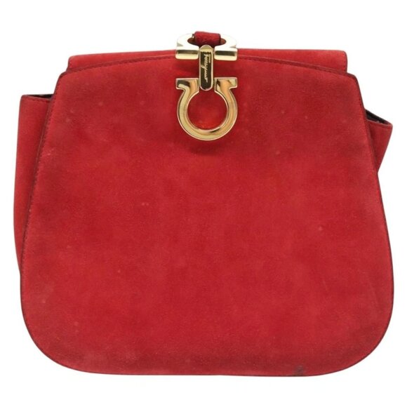 Salvatore Ferragamo Gancini Shoulder Bag Suede Red Gold Auth - Picture 3 of 16